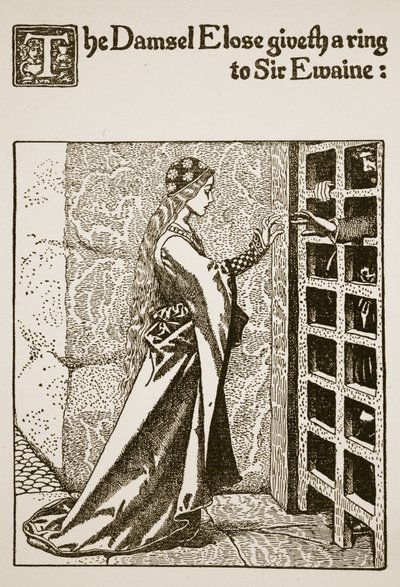 La Dama Elose dona un anello a Sir Ewaine, illustrazione da 